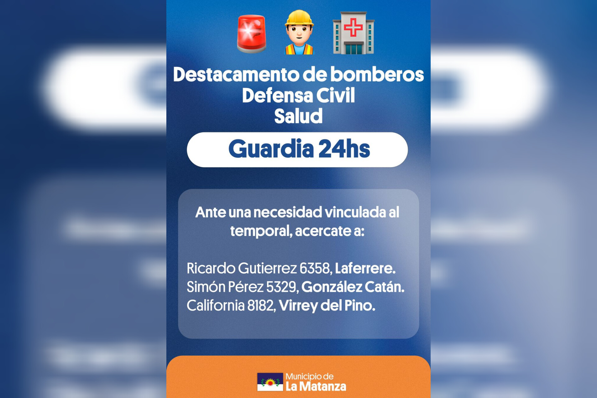 Toda la comunidad educativa de La Matanza que tenga alguna necesidad en relación al temporal, pueden dirigirse a estas tres direcciones, dónde estamos trabajando con todas las familias afectadas. 